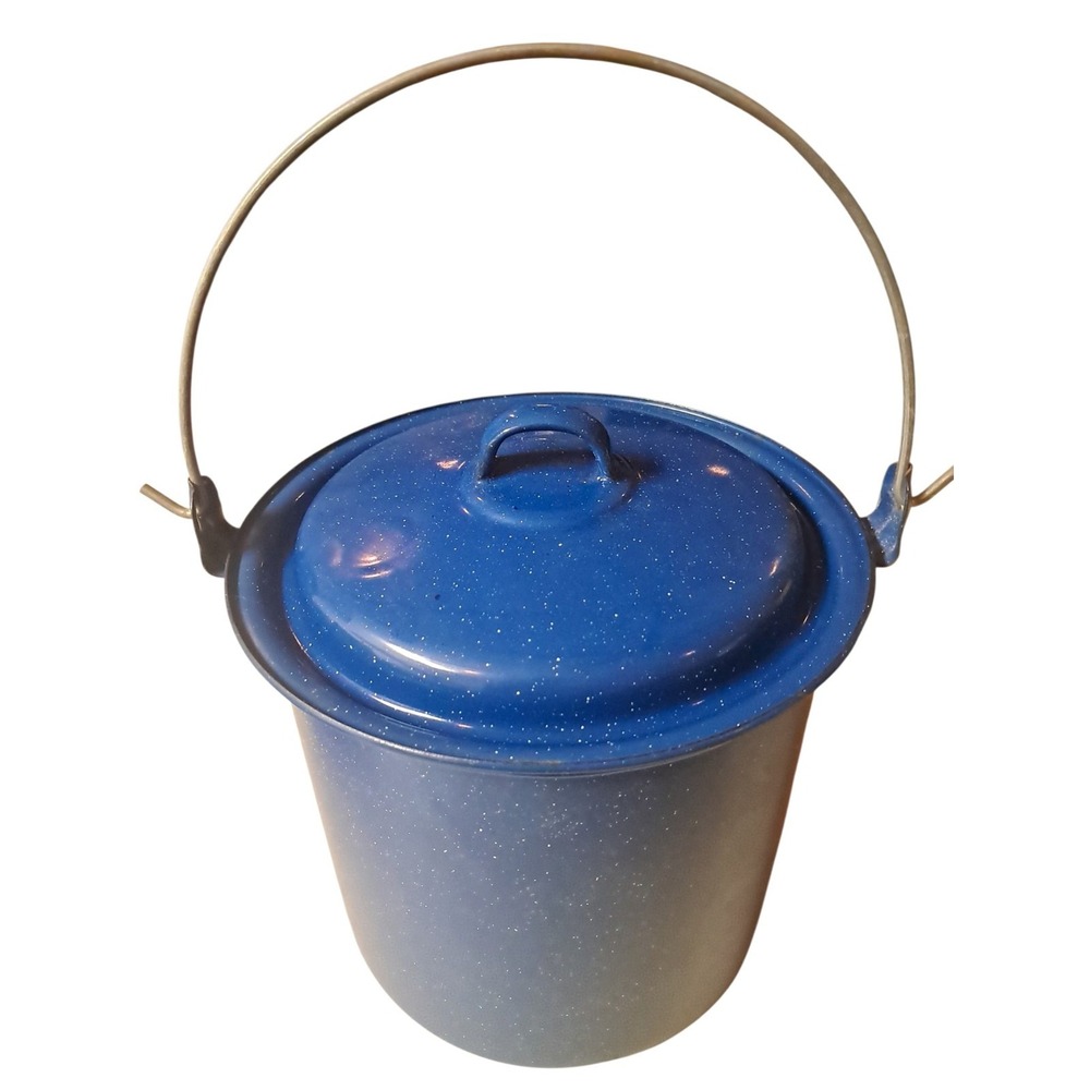 Vintage Blue Speckled Enamelware Pot With Lid & Bail Handle